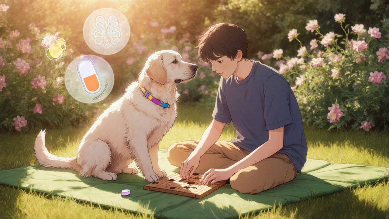 Adolescent et Labrador dans un jardin, résolvant un puzzle pendant la thérapie animale.