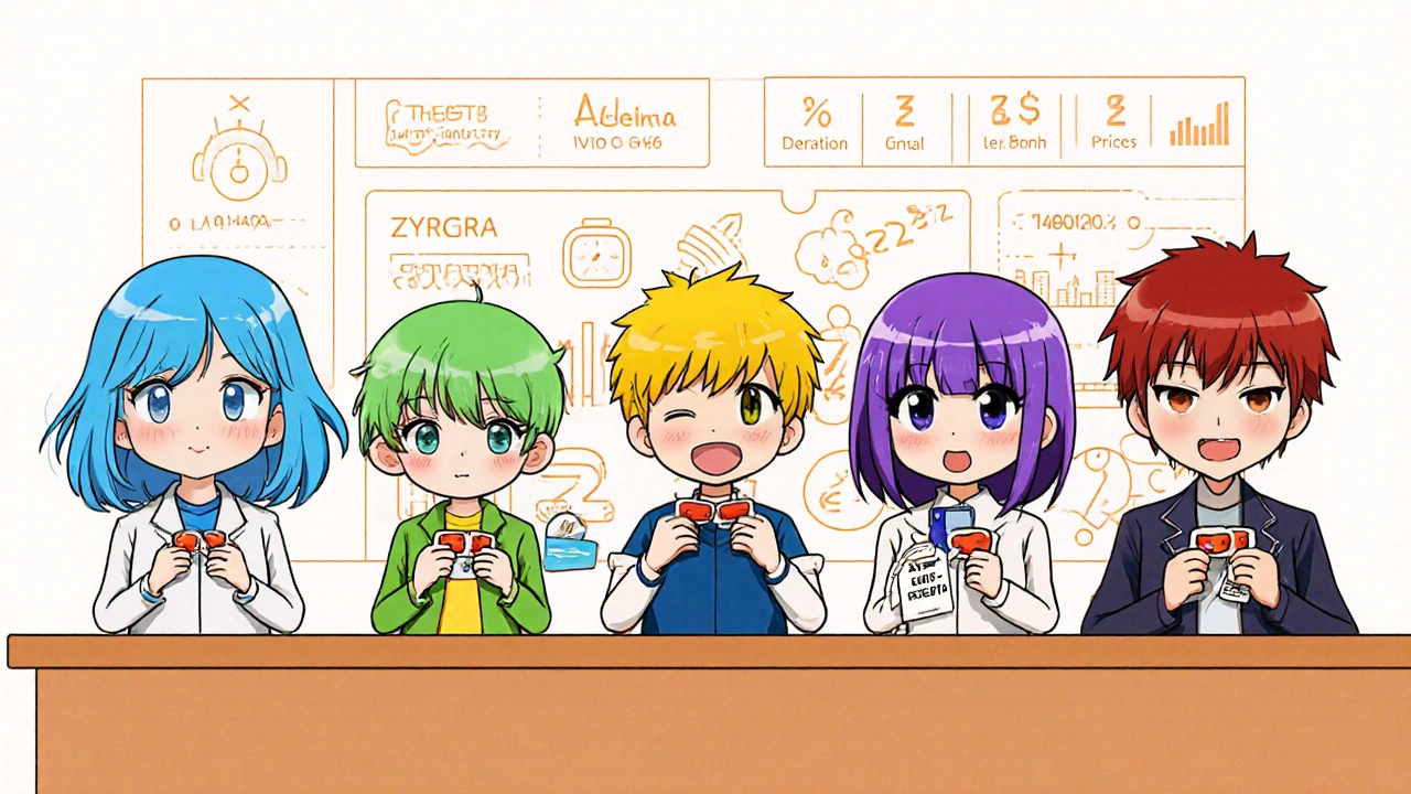 Cinq personnages manga représentent Clarinex, Allegra, Zyrtec, Xyzal et Benadryl avec leurs traits distincts.