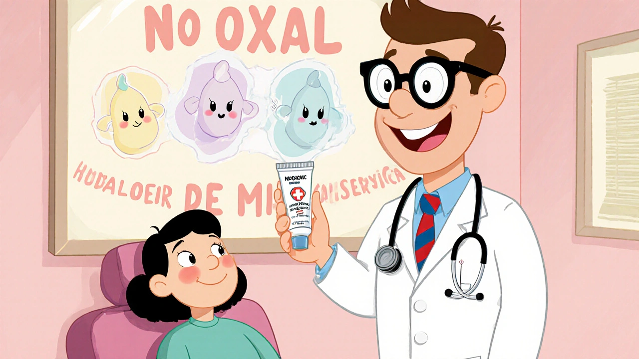 Dermatologue cartoon en blouse blanche examinant la peau, patient souriant, tubes de crème visibles.