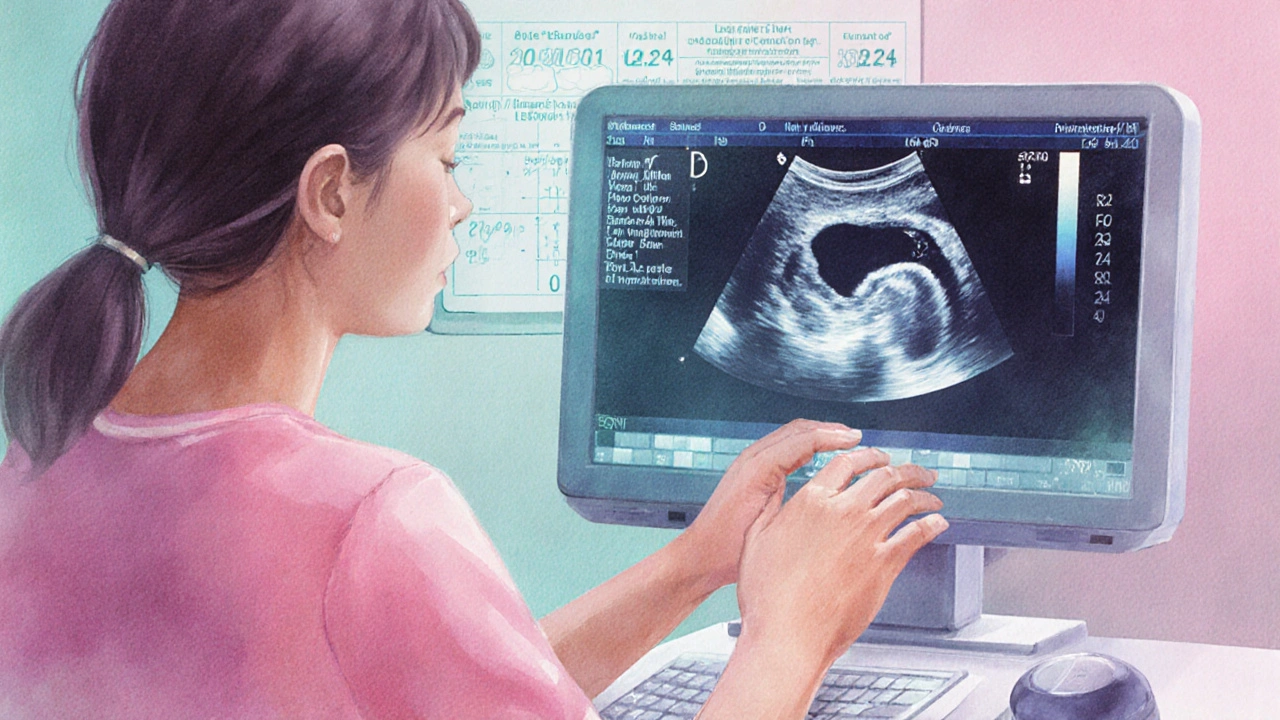 Échographie montrant le fœtus, la future maman et le médecin, symbole de suivi prénatal.