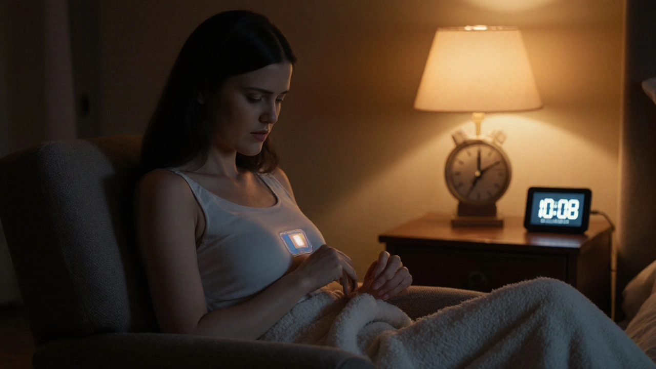 Femme appliquant un patch de lidocaïne sur le dos, éclairage doux de nuit, horloge indiquant 22 h.