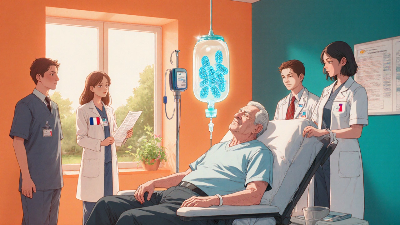 Homme âgé en infusion de thérapie ciblée, entouré d'une équipe médicale dans une salle éclairée en orange et bleu.
