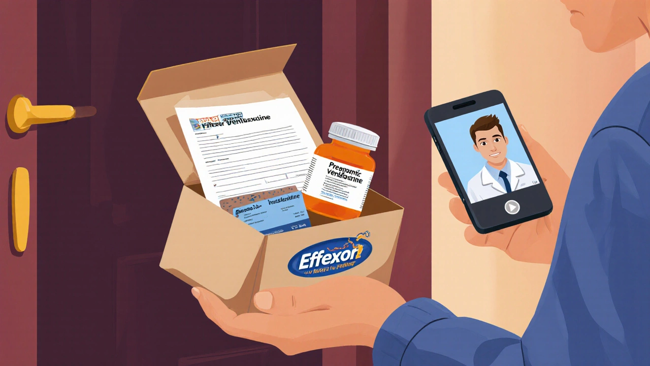 Livraison à domicile d’une boîte contenant le médicament générique, ordonnance et carte d’assurance.