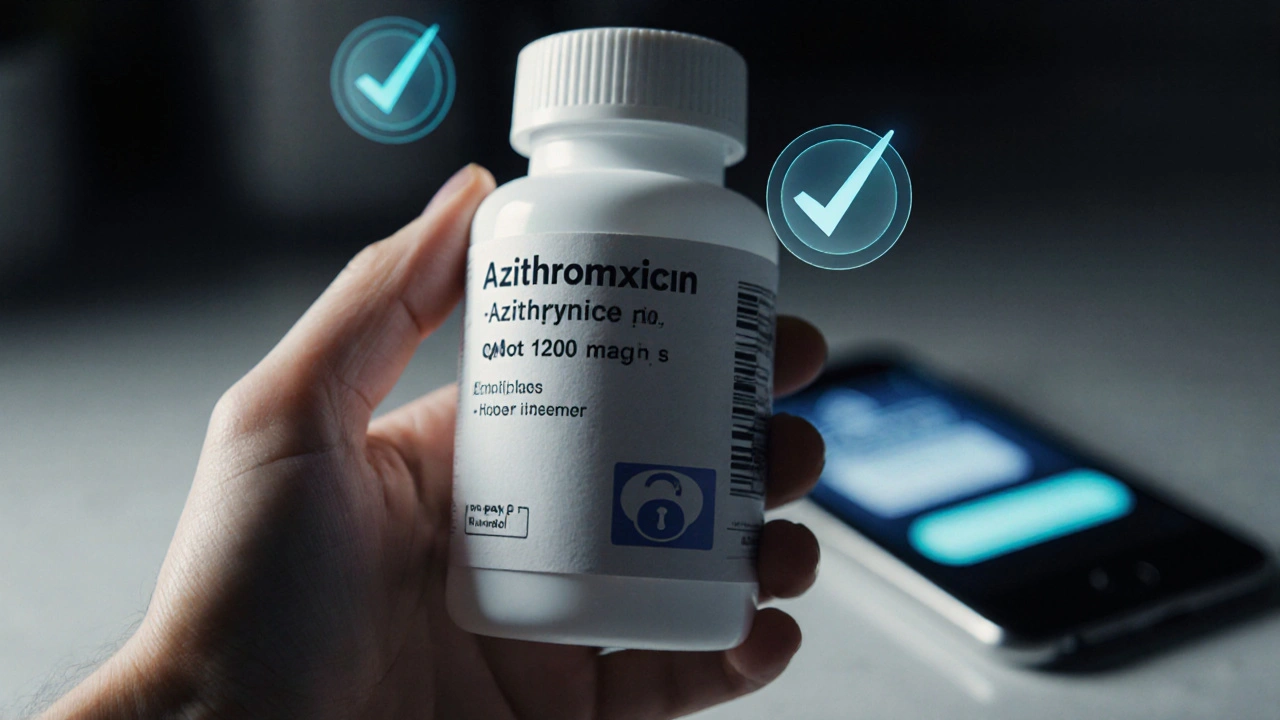 Main inspectant le flacon reçu d&#039;azithromycine, vérifiant le lot et la date de péremption.