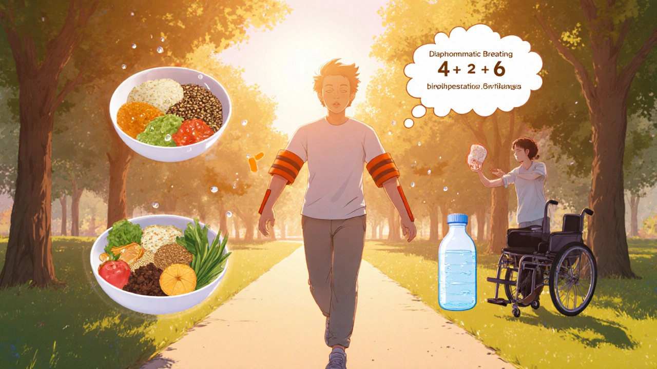 Montage d'exercice doux, repas équilibré, respiration et aide technique en anime.