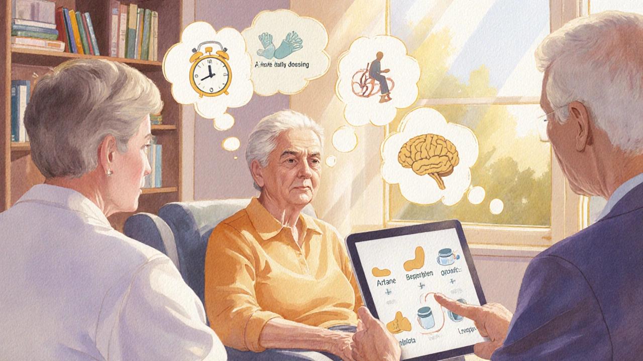 Patient âgé et neurologue discutant, entourés d&#039;icônes de médicaments.