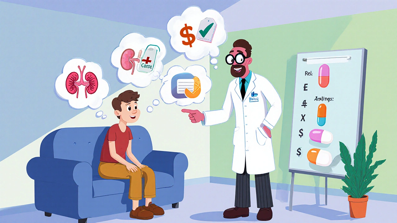 Patient et docteur cartoon discutent de choix de traitement avec bulles d'idées sur les critères.