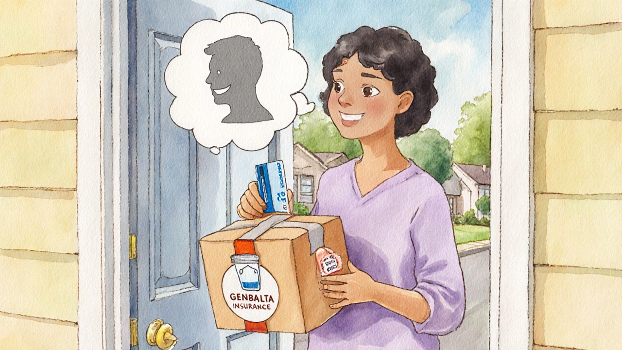 Peinture à l'aquarelle d'un patient heureux recevant un colis de Cymbalta générique avec badge de réduction.