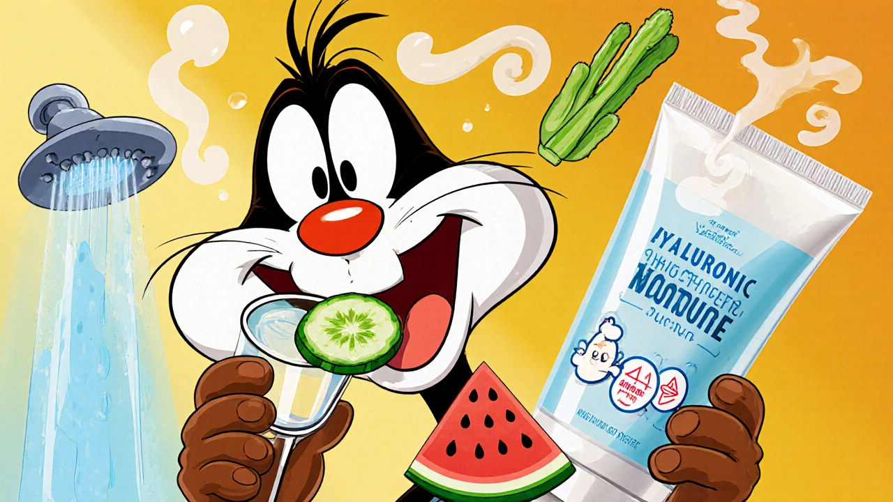Personnage buvant de l’eau, mangeant du concombre, appliquant une crème riche en acide hyaluronique et céramides.