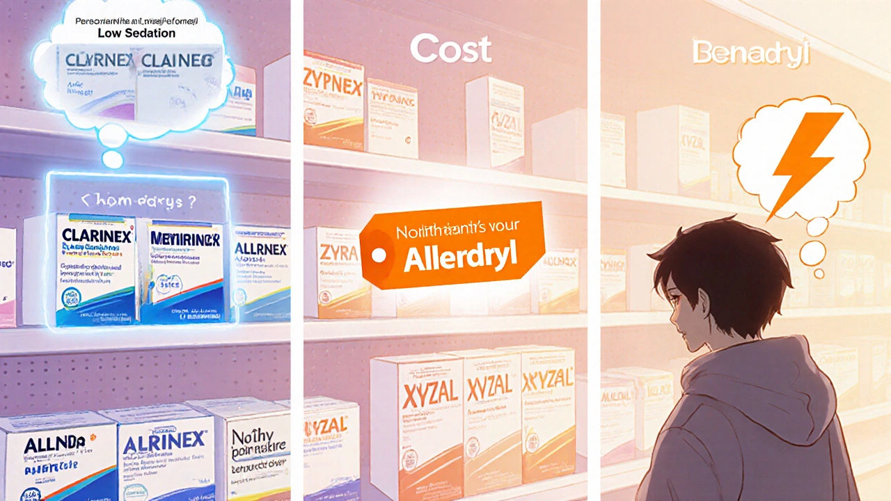 Personne dans un rayon de pharmacie, réfléchissant aux critères de sédation, coût et rapidité.