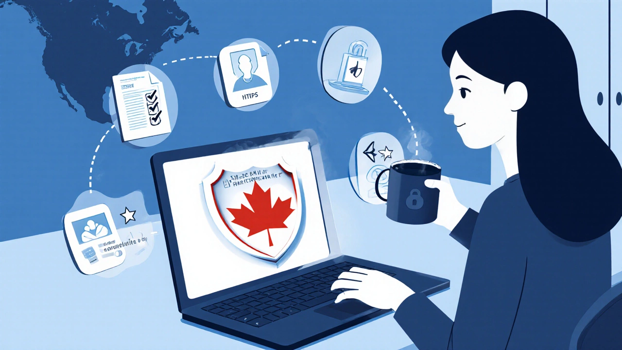 Personne vérifiant un site web avec le sceau Santé Canada et des icônes de contrôle.