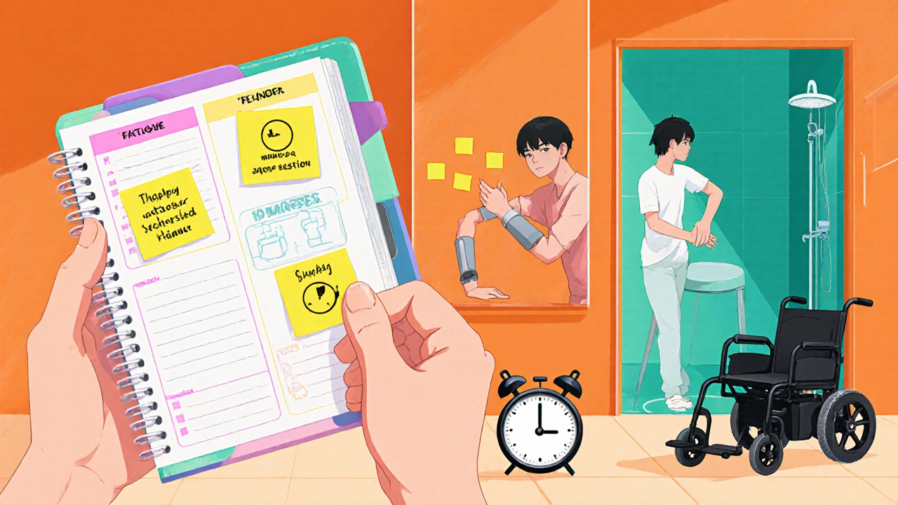 Planificateur, minuteur et aides techniques illustrés en style manga orange.