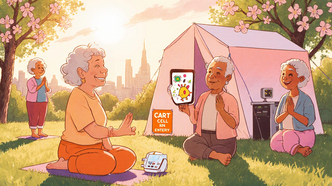 Seniors pratiquant le yoga dans un parc ensoleillé, avec un stand de recherche en arrière-plan.