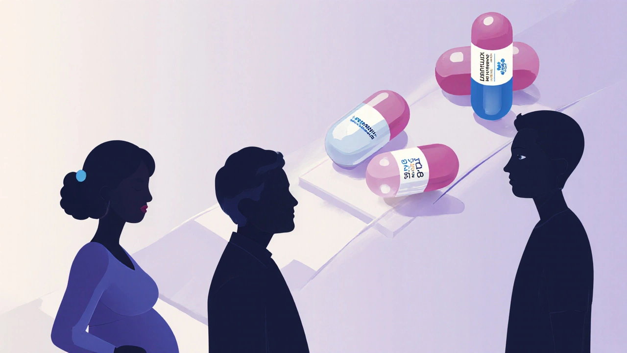 Silhouettes de patients (enceinte, âgé, tuberculose) sélectionnant différents médicaments.