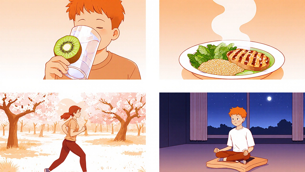 Storyboard quotidien : eau matin, déjeuner équilibré, jogging, méditation soir.