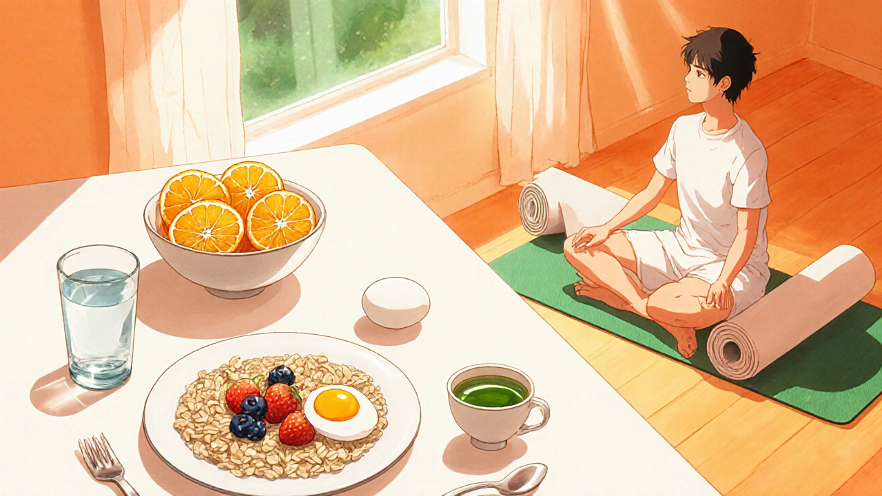 Table de cuisine avec eau, fruits, avoine, œuf et thé vert, personne en yoga.