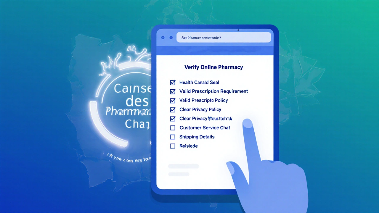Tablette affichant une liste de vérification pour confirmer la fiabilité d’une pharmacie en ligne.