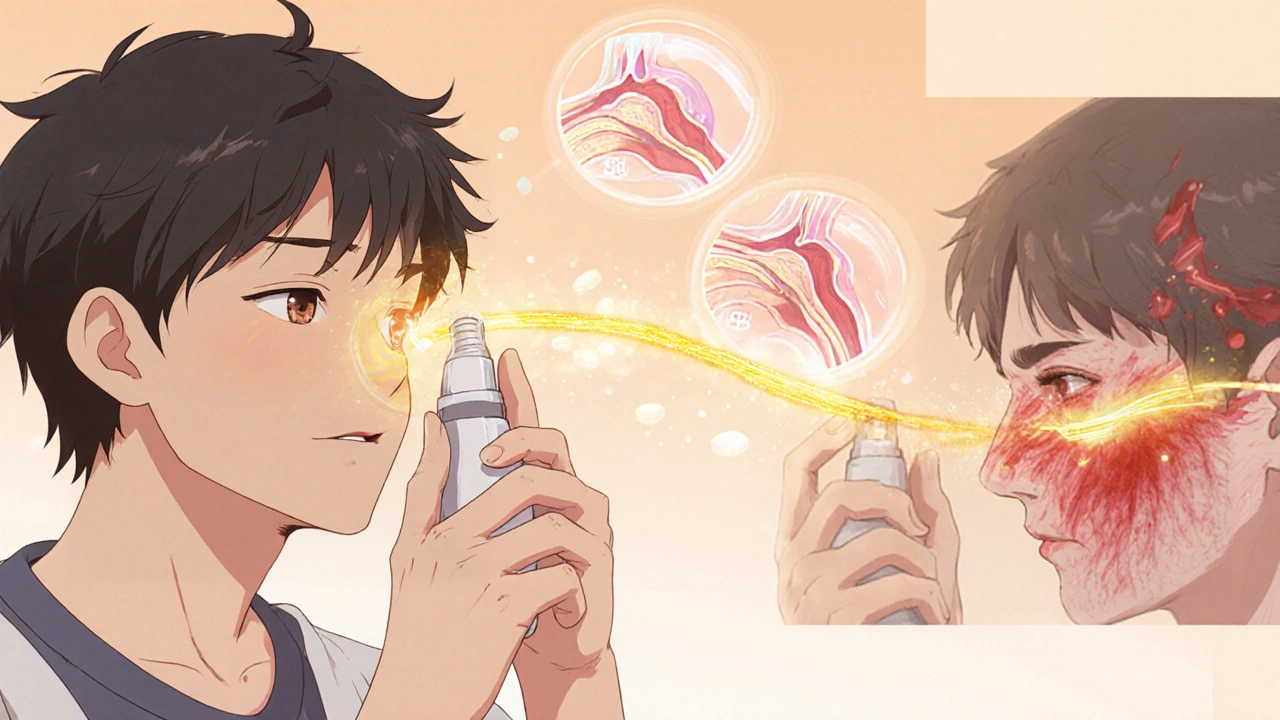 Adolescent utilisant correctement un spray nasal corticoïde, avec un schéma animé de la muqueuse nasale en arrière-plan.