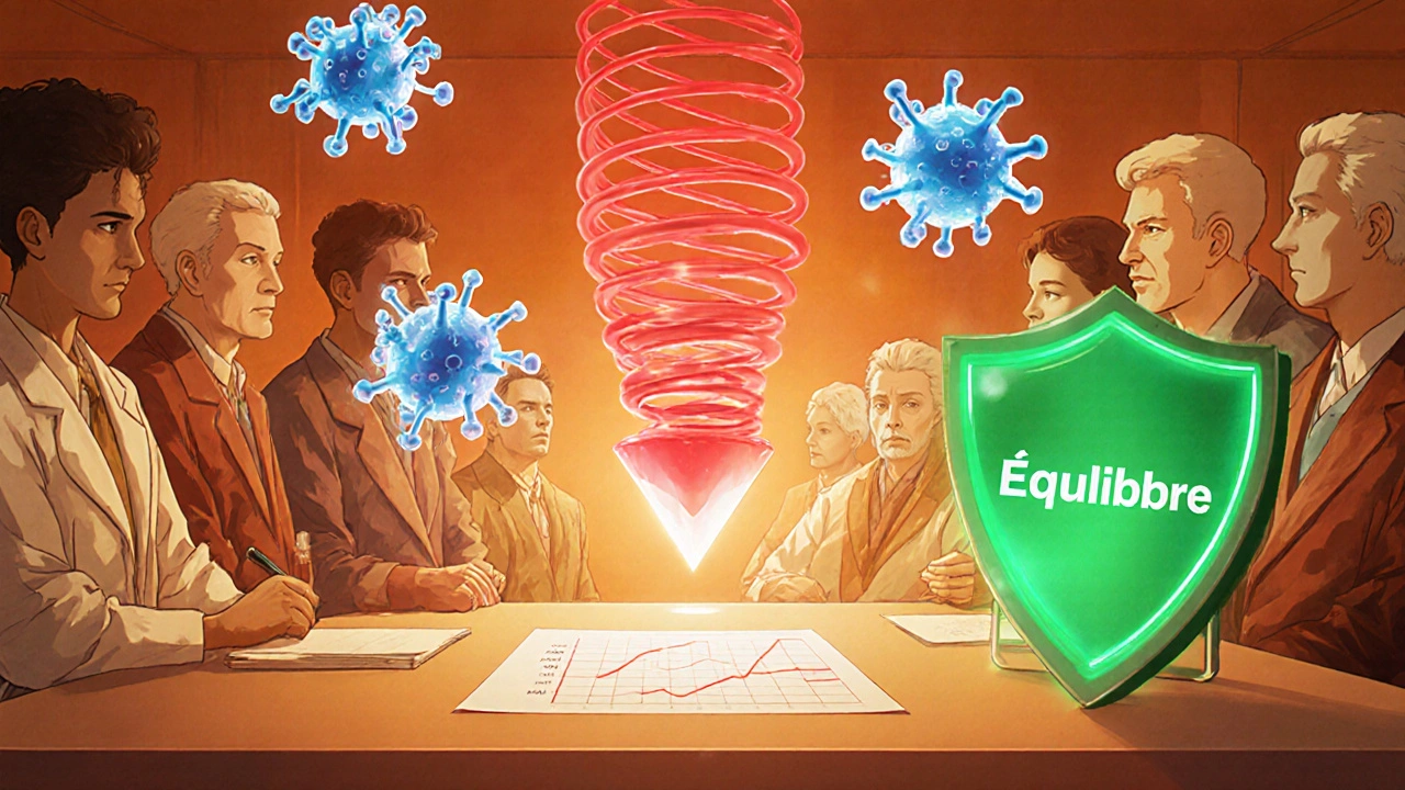 Chambre du conseil européen avec des molécules de médicaments en hologramme, groupées par complexité thérapeutique.