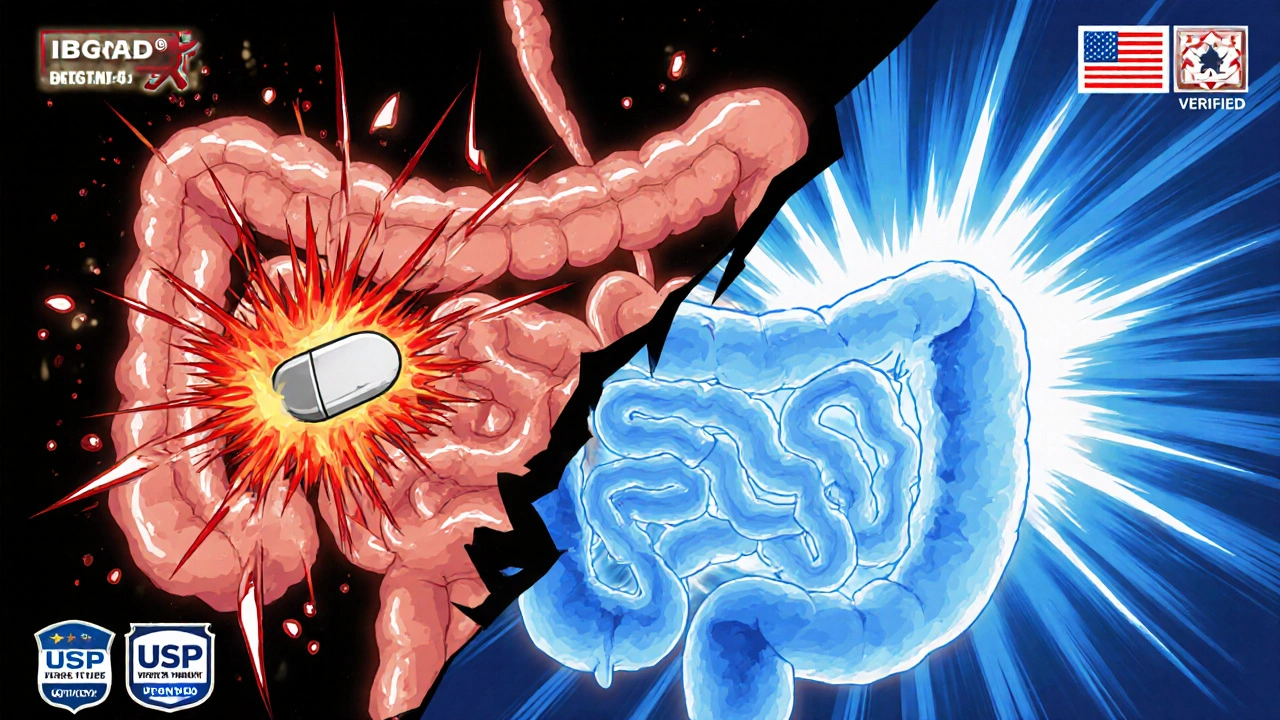 Comparaison visuelle : intestin douloureux vs intestin apaisé par une gélule entérique certifiée.