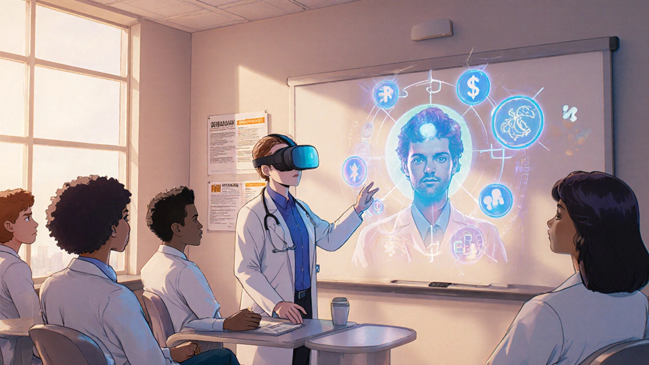 Des médecins en formation immersive en réalité virtuelle, interagissant avec des patients virtuels sur les médicaments génériques.