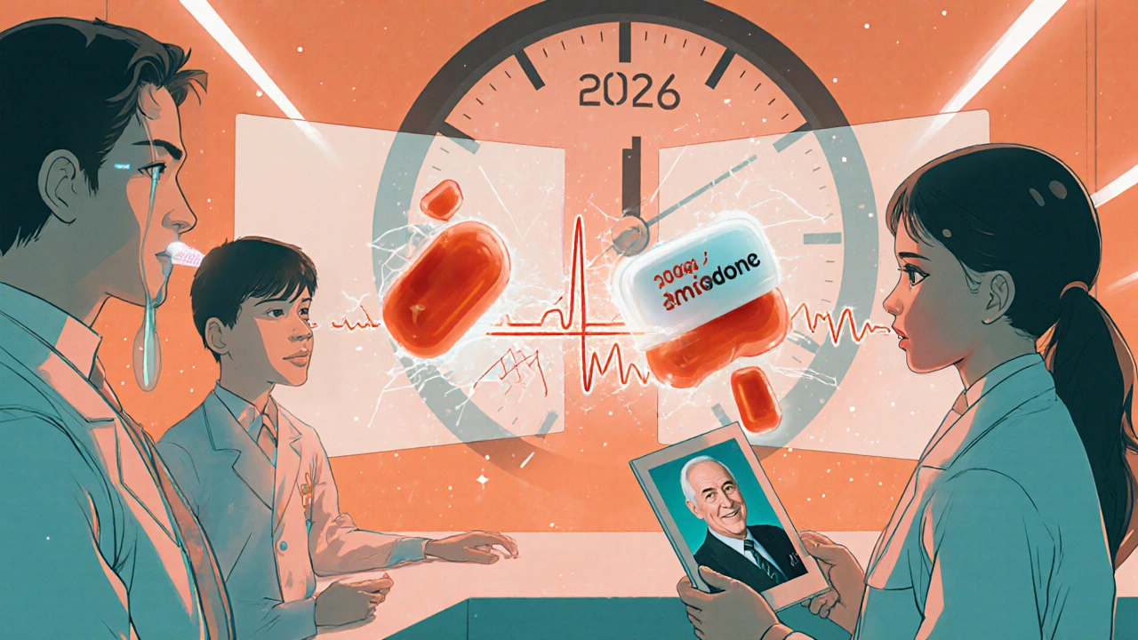 Des scientifiques observent des molécules de médicaments qui se brisent dans un laboratoire futuriste, une horloge affiche 2026 en arrière-plan.