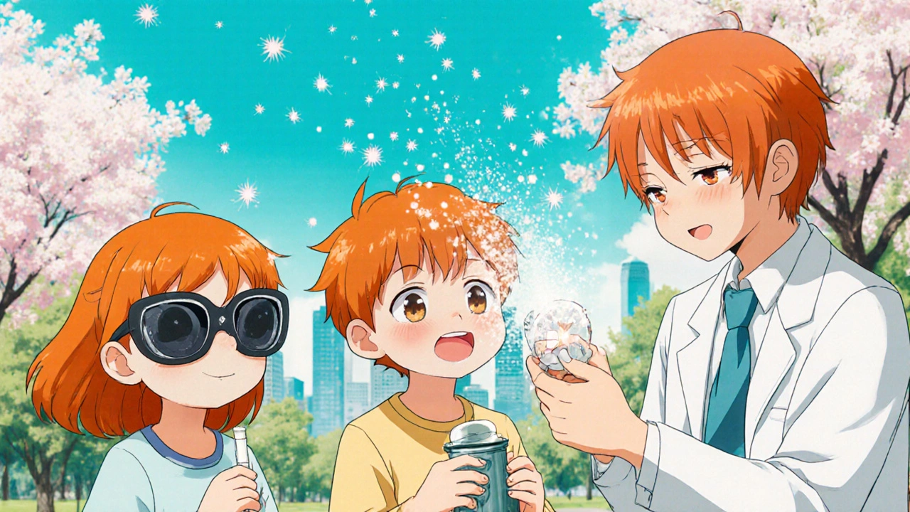 Enfants dans un parc au printemps, recevant un traitement immunothérapie sous la langue, entourés de particules de pollen neutralisées.