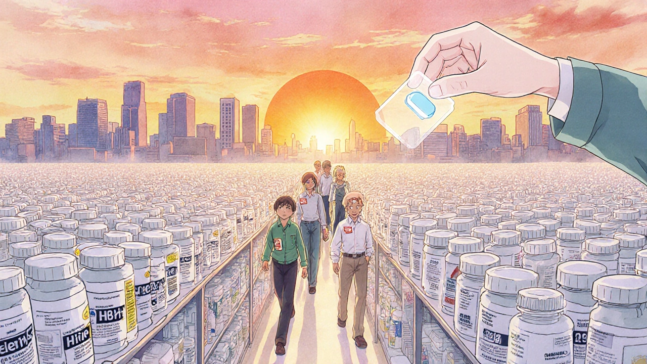 Étagère infinie de médicaments génériques avec des patients qui les prennent, sous un soleil levant, dans un style anime élégant et émotionnel.