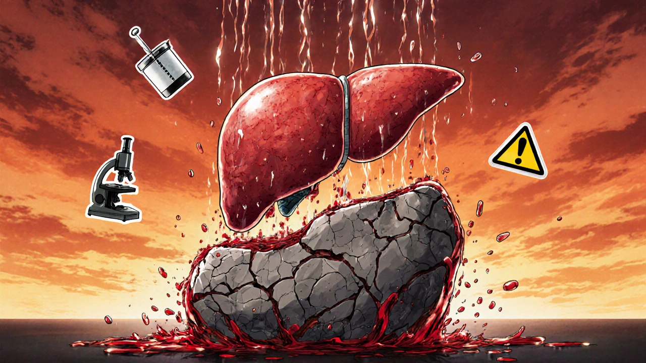 Foie dégradé en trois étapes sous un flux d&#039;alcool, avec icônes médicales, style anime.