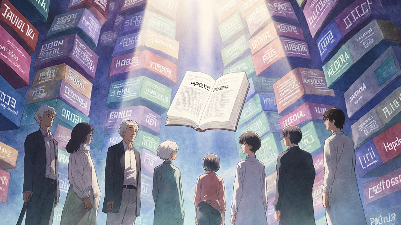 Groupe de patients dans une bibliothèque géante de rapports médicaux, un livre illuminé révèle un effet indésirable.