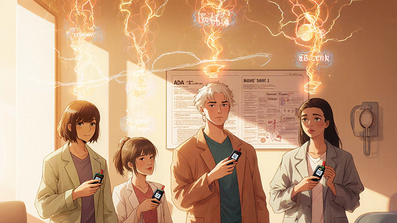 Groupe de patients dans une clinique avec des bandes de glycémie lumineuses au-dessus d&#039;eux, symbolisant leur liberté thérapeutique.