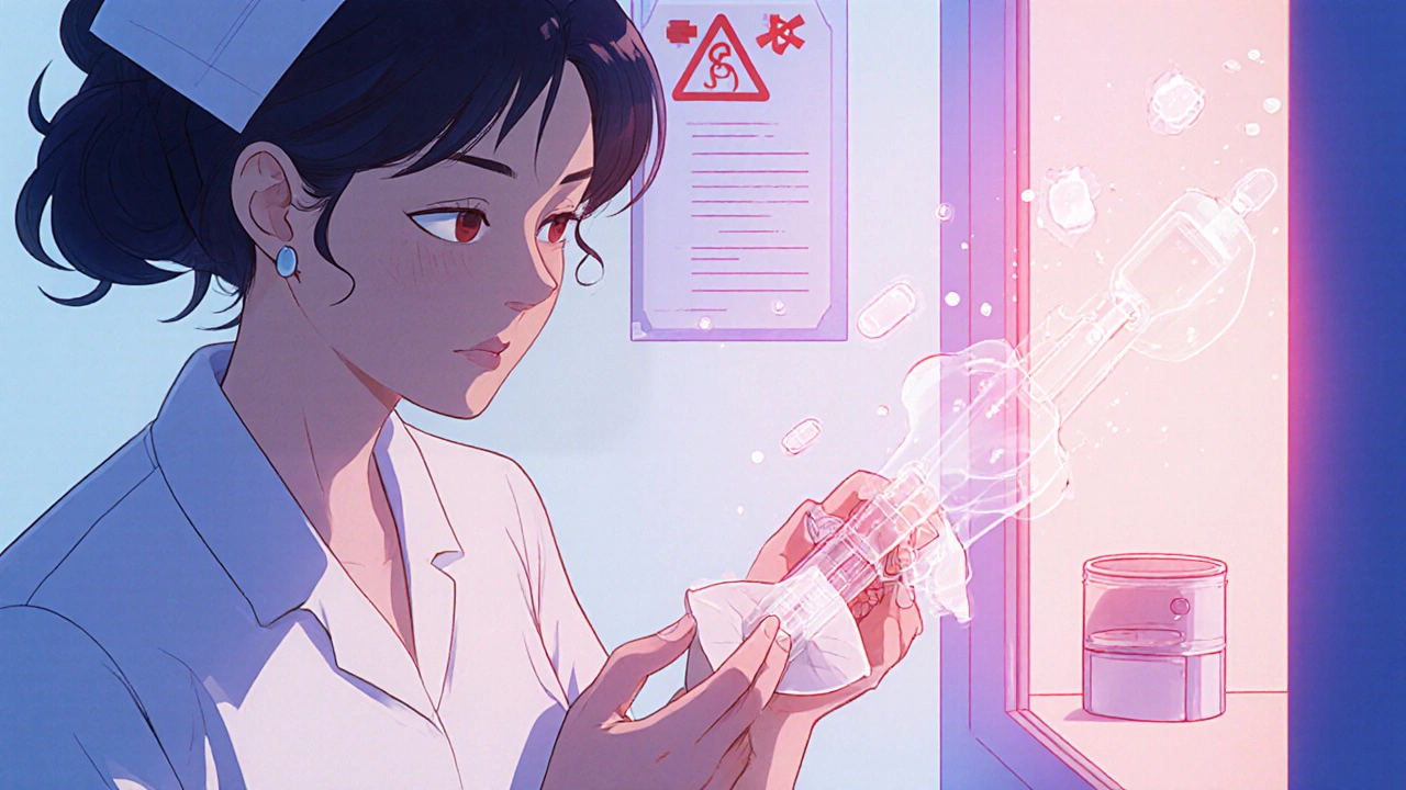 Infirmière nettoyant un éclateur de comprimés avec une lingette alcoolisée, des particules invisibles flottant dans l&#039;air.