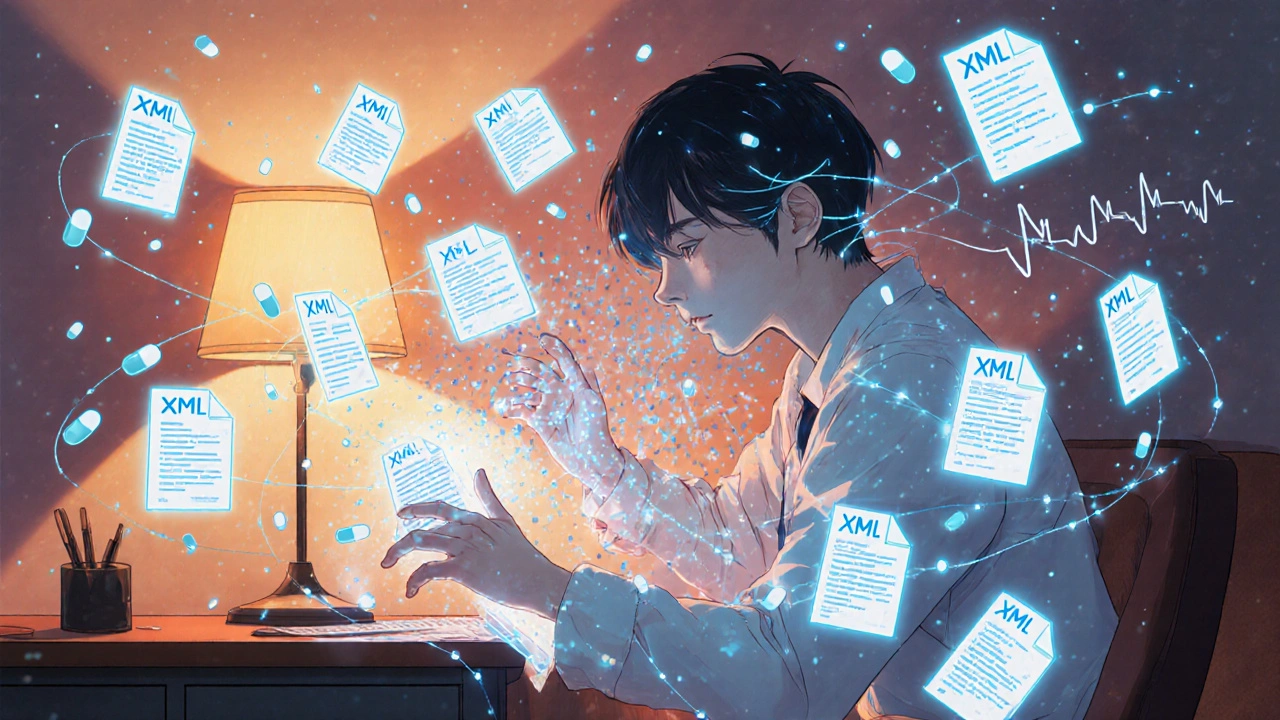 Jeune chercheur analysant des fichiers de données médicales en hologramme dans une chambre éclairée par une lampe.