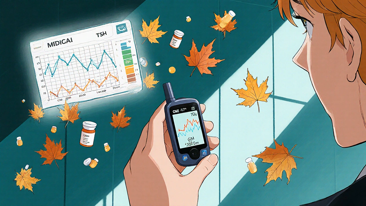 Main tenant un capteur de glycémie avec des niveaux fluctuants, entouré de comprimés et de feuilles d&#039;automne.