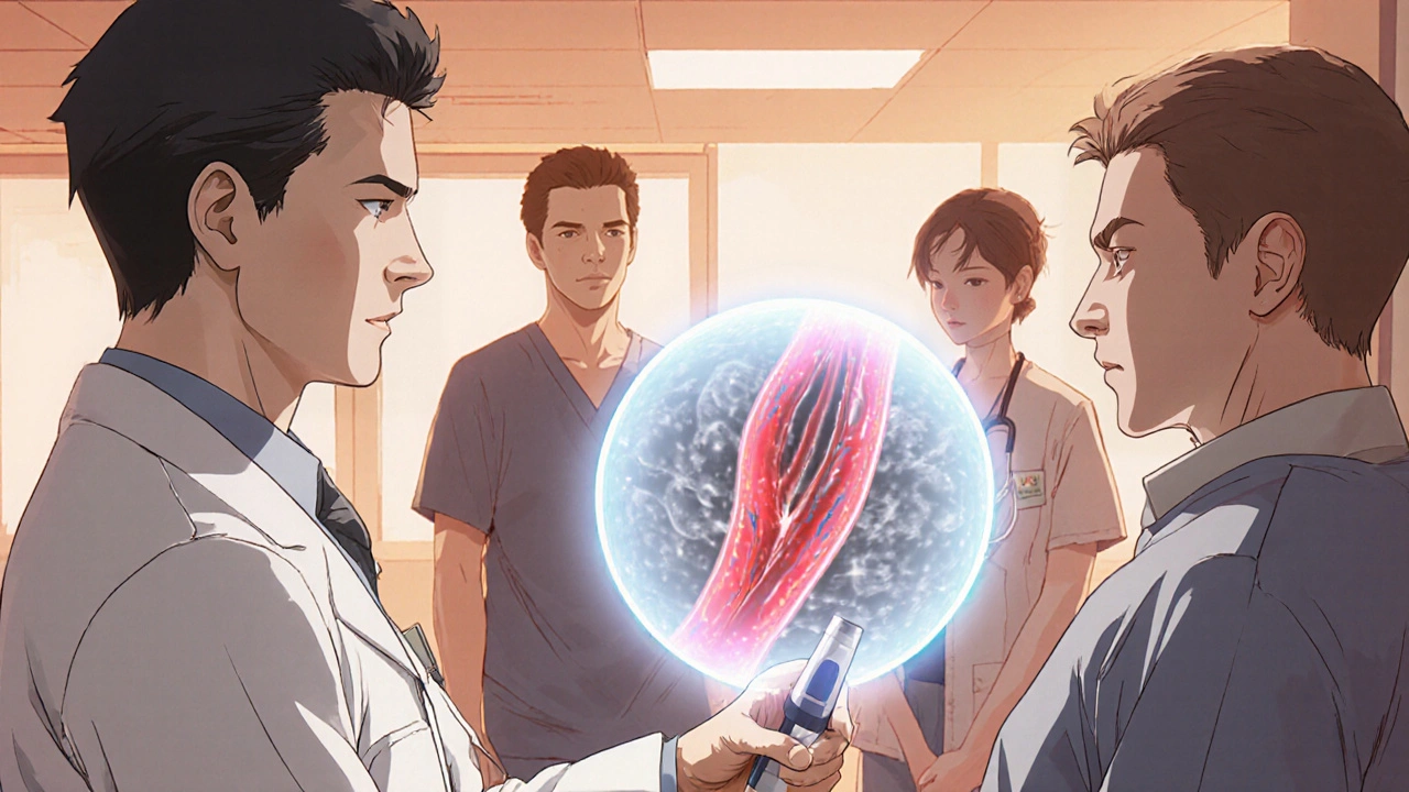 Médecin effectuant une échographie Doppler sur un patient, avec une visualisation holographique de la veine porte obstruée.