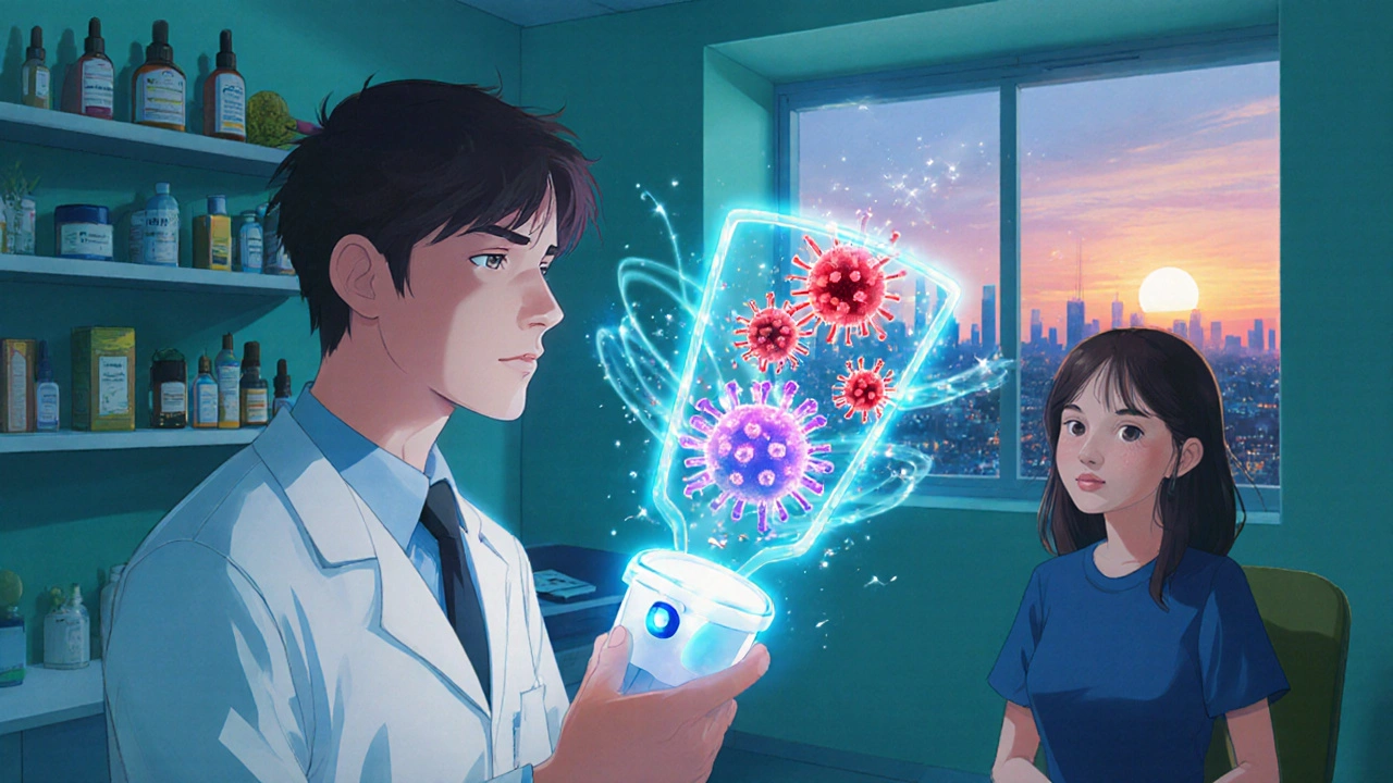 Médecin utilisant un appareil high-tech pour scanner le mucus, particules virales et bactériennes en hologramme lumineux.