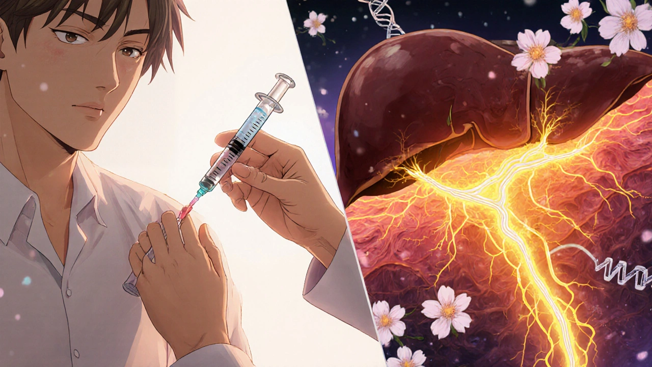 Patient cirrhotique avant et après traitement anticoagulant, avec veine porte recanalisée et fleurs de cerisier symbolisant la guérison.