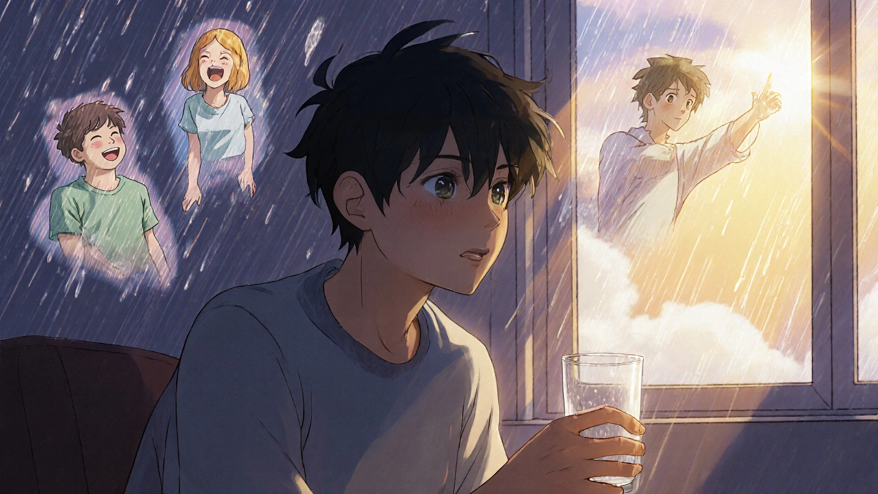 Personne seule dans une pièce avec des versions de soi passé, présent et futur, style anime.