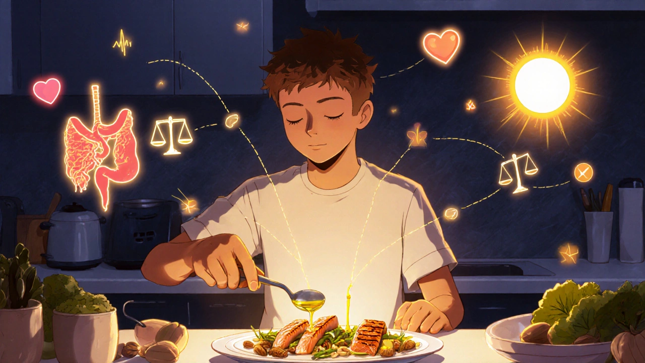 Préparation d&#039;un repas méditerranéen avec une lumière dorée reliant la thyroïde et le pancréas en arrière-plan.