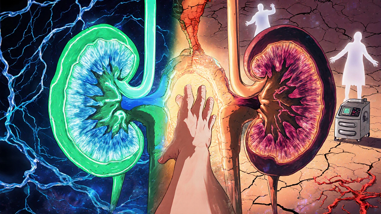 Reins endommagés par l&#039;interaction entre lithium et NSAID, avec des vaisseaux rénaux rétrécis et des protéines toxiques.