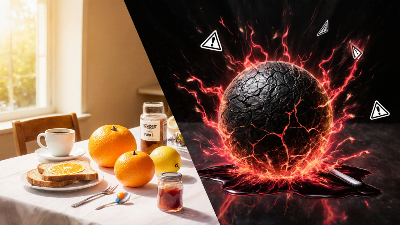 Scène divisée : à gauche, des agrumes sûrs au petit-déjeuner ; à droite, des agrumes dangereux détruisent des médicaments avec une énergie toxique.