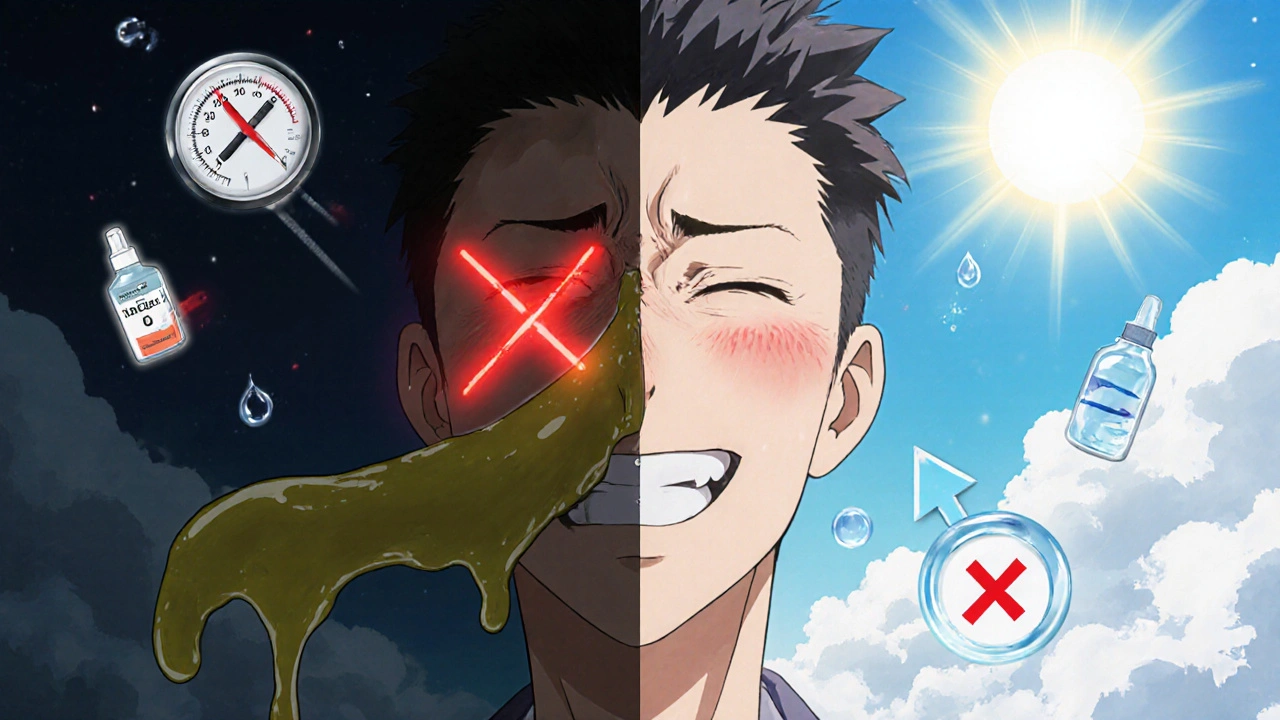 Scène divisée : d&#039;un côté douleur et mucus vert, de l&#039;autre soulagement et mucus clair, flèche de déclin double en l&#039;air.