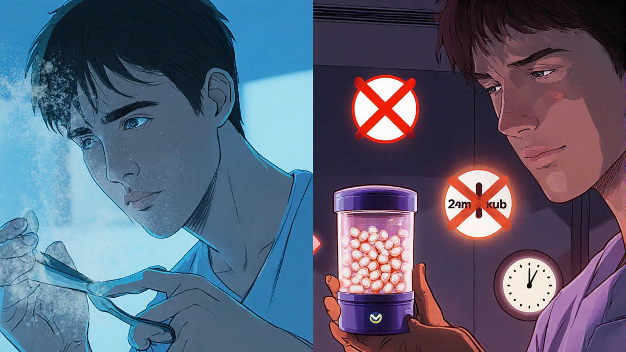 Scène en deux parties : à gauche, un patient utilise des ciseaux de cuisine pour broyer un comprimé ; à droite, il utilise un broyeur sécurisé en milieu soignant.