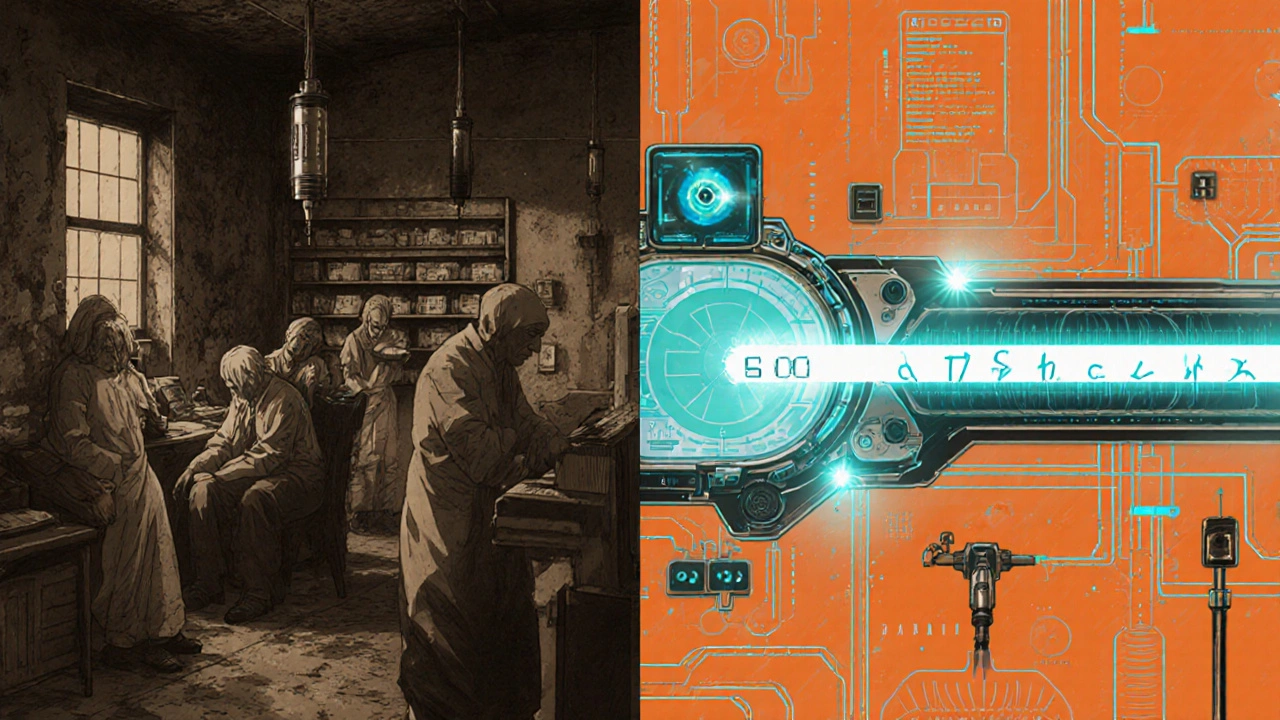 Scène en deux parties : une pharmacie ancienne en déclin à gauche, une usine high-tech à droite, reliées par un symbole de stérilité absolue.