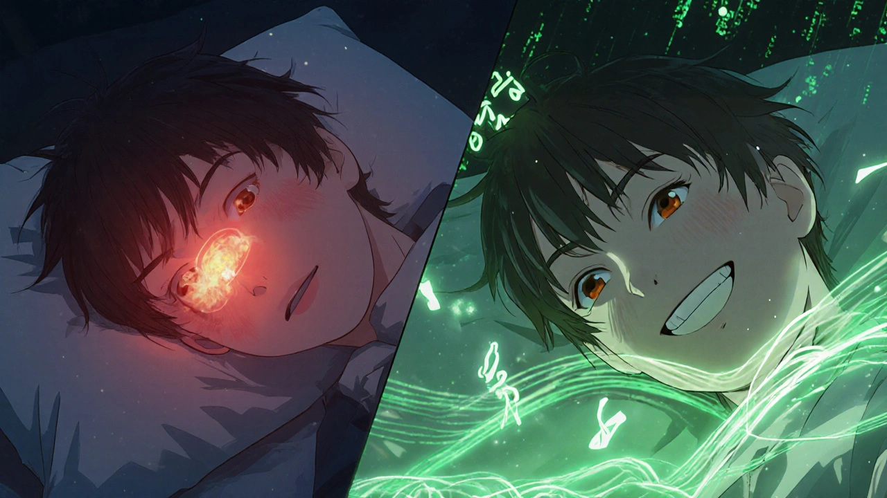 Scène nocturne contrastée : hypoglycémie alerte à gauche, stabilité retrouvée à droite, avec des données flottantes.