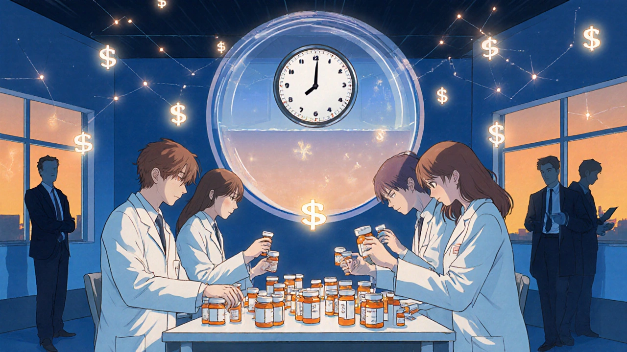 Techniciens dans un laboratoire préparant des génériques au moment de l&#039;expiration d&#039;un brevet, éclairés par une lumière douce et des symboles scientifiques flottants.