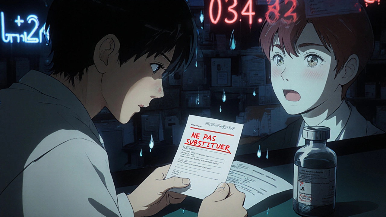 Un patient dans une pharmacie regardant une ordonnance avec &#039;NE PAS SUBSTITUER&#039;, un pharmacien derrière lui saisissant un générique.