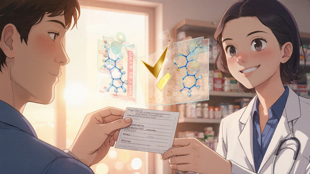 Un patient reçoit une ordonnance générique, avec une représentation visuelle de l&#039;équivalence moléculaire entre les deux médicaments.