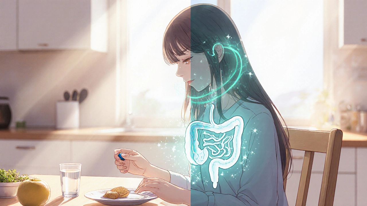 Une femme prend une gélule de menthe poivrée avant le petit-déjeuner, une énergie apaisante l&#039;entoure.