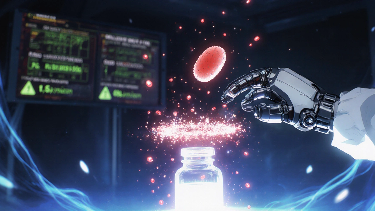 Une spore bactérienne flotte vers un flacon, arrêtée par une main robotique, entourée de particules rouges et d&#039;affichages de surveillance en temps réel.